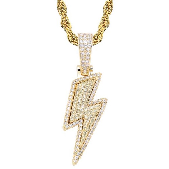 18k Gold Iced Out Lightning Pendant w/ Necklace - Picture 3 of 8